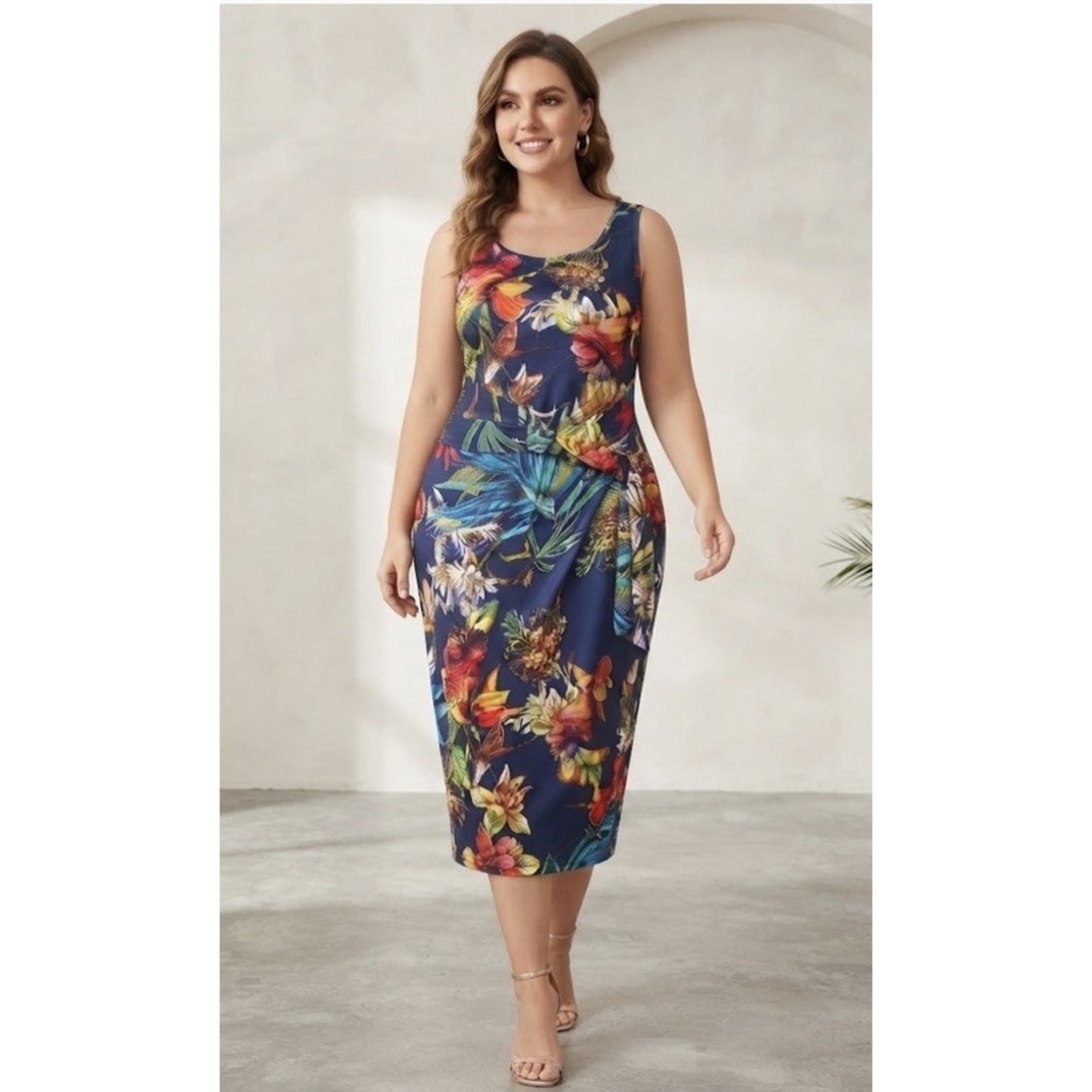 sleeveless midi-length dress featuring a classic scoop neckline Plus Size 5XL